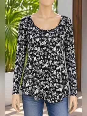 SIMPLY VERA Black Floral Print Long Sleeve Top size large